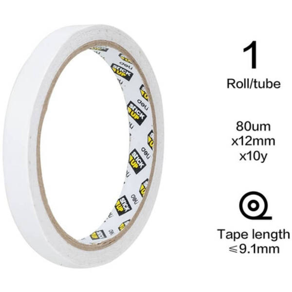 083682d7-04c7-4379-bae6-8a65c3da4104.png Deli Stick Up 80um x 12mm x 9.14m Double-Sided Tape - White - 30405