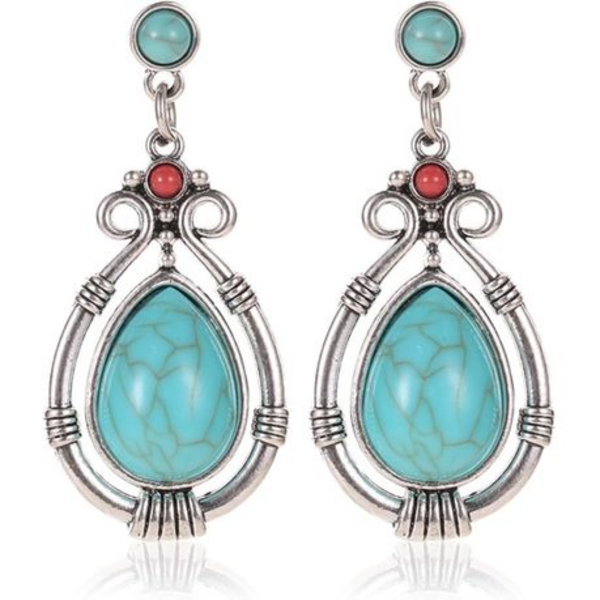 Water Drop Faux Turquoise Dangle Earrings for Women - Tribal Style