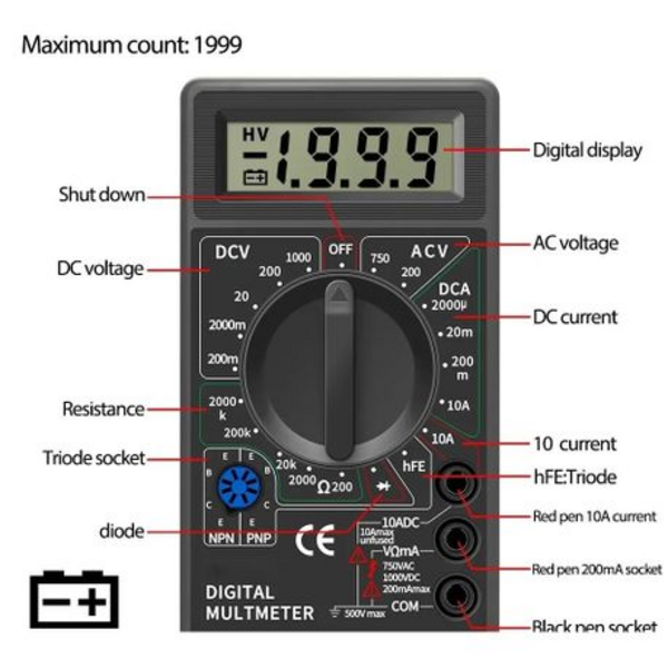 Digital Multimeter AC/DC Voltmeter, Ohm Amp Meter, Battery Tester 750V