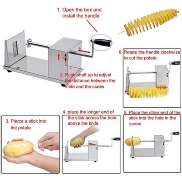 caa28494-0573-49e2-a575-4e530f25f608.png Stainless Steel Tornado Potato Spiral Cutter - Manual Crank Slicer
