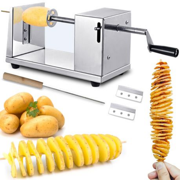 85bc31c1-44eb-44dd-ba24-b3a6ff83eba6.png Stainless Steel Tornado Potato Spiral Cutter - Manual Crank Slicer